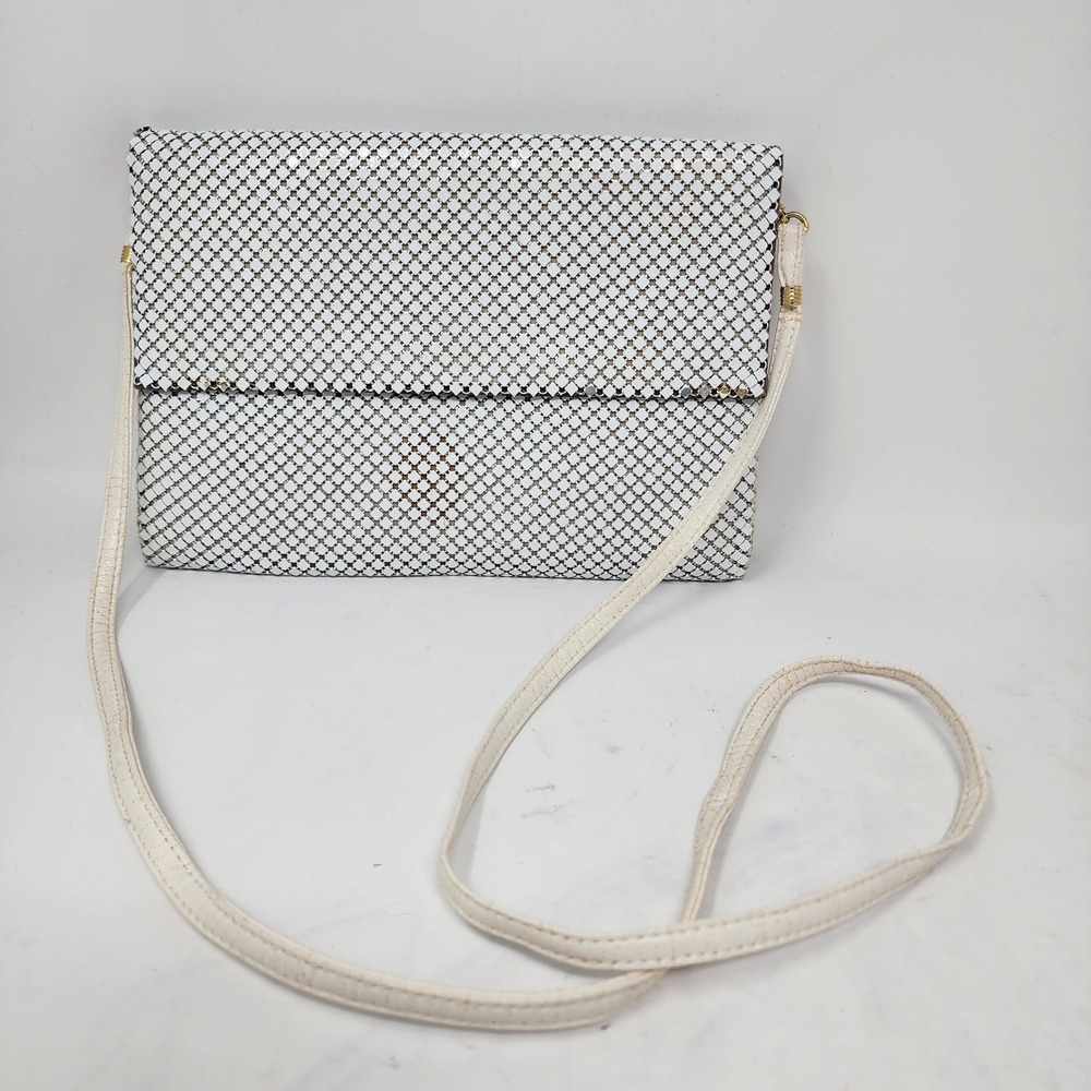 Whiting And Davis International White Metal Mesh Clutch Purse Crossbody Bag VTG